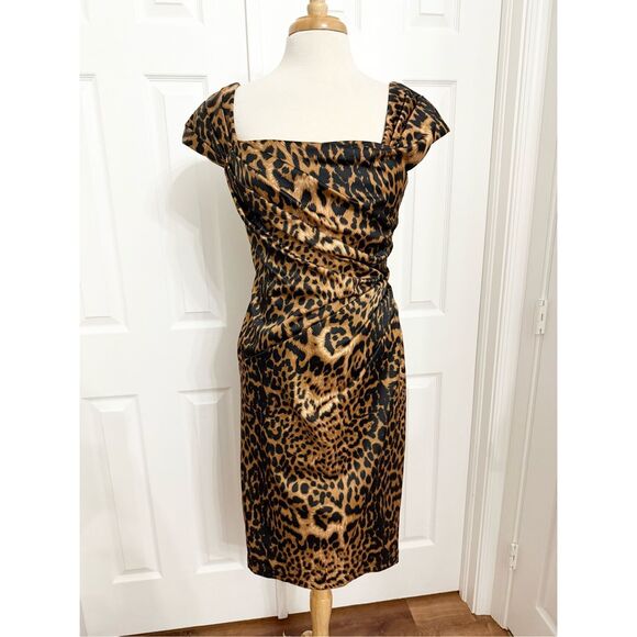 Tadashi Tan Black Leopard Ruched Square Neck Cap Sleeve Sheath Dress Size 8 - Picture 1 of 6